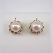 14K Yellow Gold Pearl and Diamond Halo Stud Earrings June Birthstone Jewelry