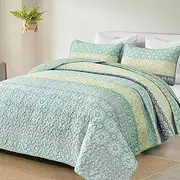 WONGS BEDDING Boho Quilt Set King, Sage Green Bohemian Striped Patchwork Bedspread Coverlet Set with 2 Pillowcases,Lightweight Microfiber Floral Bedding Set 104"×90"