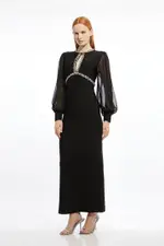 Embellished And Chiffon Sleeve Figure Form Knit Maxi Dress