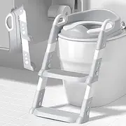 Yakiter Potty Training Seats, Kids Toilet Training Seat with Step Stool, Adjustable Height Ladder Guard Handle Soft Cushion White, Step Stool 2 in 1 Foldable Chair for Baby Toddler Boys Girls (Grey)