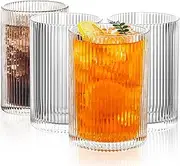POLIDREAM Drinking Glasses Set of 4 Vintage Whiskey Glasses 500ml Art Decor Ribbed Glassware Set Embossed Glass Tumblers Cocktail Glasses Water Glasses for Beer Juice Milk(8.3x8.3x13cm)