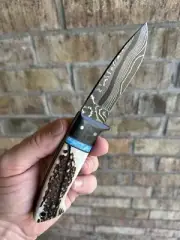 Medina Camp Knives Loveless Style Damascus Stag Carbon Fiber Fixed Blade Knife