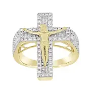 1.00cttw Diamond Baguette Cross Crucifix Jesus Ring 10k Yellow Gold Mens Band