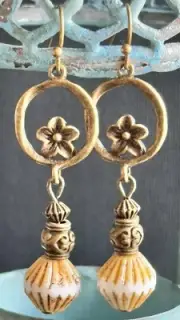 Beautiful Bronze Flower with Ivory Picasso Bead Earrings. Bloom.