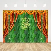 Ticuenicoa 7x5ft India Pooja Traditional Photography Backdrop Banana Leaf Green Chatiya Ganesh Background Puja Ganpati Mehndi backdrops Decorations Wedding Party Marigold Garlands Props LH0E623-LLD