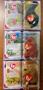 2000 McDonald's TY The Adorable Dinosaur Trio Teenie Beanie Bronty, Rex, Steg