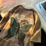 Short-Sleeve Crew Neck Butterfly Print Tee Camel - XL