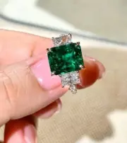 2.30Ct Octagon Natural emerald Zambia diamond Ring 14K solid white gold