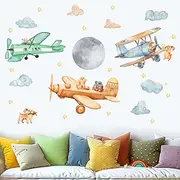 Amimagen Airplane Wall Decals - Puppy Aircrafts Wall Stickers - Kids Baby Boys Nursery Children Daycare Bedroom Playroom Wall Decor