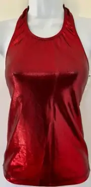 GK DANCE JAZZ CHEER LADIES SMALL BURGUNDY MYSTIQUE FOIL HALTER TOP Sz AS NWT!