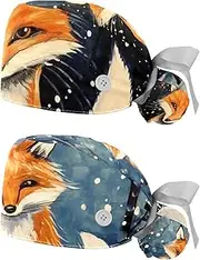 [YTYVAGT] 2-Pc,Nurse Scrub Caps,Scrub Hats with Buttons and Cotton Sweatband,Fox Winter Forest Snow