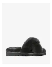 [EVERAU] Leanna Fluffy Cross Straps Slide in Dark Grey