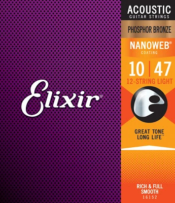 6 Sets Elixir 16152 12-String Light Phosphor Bronze Nanoweb Guitar Strings 10-47