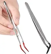 2 Pcs Tweezers Curved Bent Tip Tweezers with Rubber Silicone Long Tweezers Curved Bent Tip Tweezers Stainless Steel Hobby Jewelry Long Tweezers for Crafts for Lab Jewelry Making, Red Black