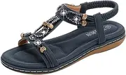 [Generic] Women's Summer Bohemian T-Strap Open Toe Sandals Braided Flat Casual Slippers Ladies Ankle Elastic Thong Beach Flip Flops (Navy 04 4.5 UK)
