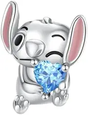 [The Charmery] Lilo And Stitch Stitch with Blue Heart Charm 925 Silver Compatible with Pandora Charms, Trollbeads, Chamilia, Biagi and Many Other UK Charm Bracelets., Metal