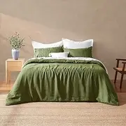 Natural Home Vintage Washed Hemp Linen Quilt Cover Set Doona Duvet Cover 2 Pillowcases, 3 Pieces Bedding, Comforter Set - Olive (Queen: 1x Quilt Cover 210cm x 210cm; 2X Pillowcases 48 x 73cm)