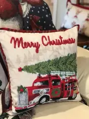 Duck Feather Christmas Fire Engine Overstuffed Beaded Decorative Pillow Retro