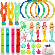 ASONA 25Pcs Pool Diving Toys for Kids Toddler Age 3-4 4-8 8-12 Swim Toys Set with Diving Sticks, Pool Rings, Mermaids, Octopus and More Pool Toy Diving Toys Gift Set for Girls Swim Pool Games Toys