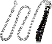 W/W Lifetime Chain Dog Leash Metal Chew Proof 4.5FT Heavy Duty Pet Leash Chain with Leather Padded Handle for Large Medium Dog (11MM, 4.5ft)