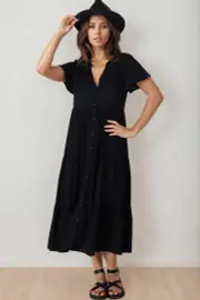Milla Midi Dress - Tiered Cap Sleeve Button Down Linen Dress in Black