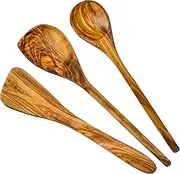 Cleminson® Handcrafted Olive Wood Utensils Set – Wooden Spatula, Spoon & Sauce Spoon With Corner (3-Piece Set)