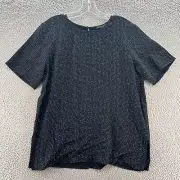 Eileen Fisher Top Womens 10 Black Morse Code Tencel Short Sleeve Blouse Shirt