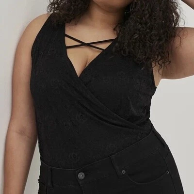 Torrid Bodysuit Top 5X Black Lace Mesh Strappy Surplice Plus Size V-Neck New