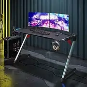 ELEGANT Gaming Desk LED, Gaming Table,PC Gamer Desk with Glaring Ambient RGB Light,Cup Holder and Headphone Hook,U-Shaped Carbon Fiber Texture Desktop,140x60x75cm