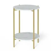 White Marble Side End Table 2Tier Round Nightstand with Storage Shelf Living Room