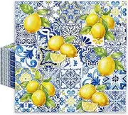 JarThenaAMCS 80Pcs Tiles Lemons Paper Napkins Blue Yellow Disposable Napkins Decorative Dinner Napkins Luncheon Napkins for Party Supplies Table Decor
