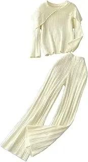 [Generic] Womens Two Pieces Suit Lapel Neck Loose Pullovers High Waist Wide Leg Pants Knitted Dressy Lounge Sets Female Outfits