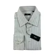 Hugo Boss White Blue Striped Cotton Mens Button Front Size 16 34/35 NWT