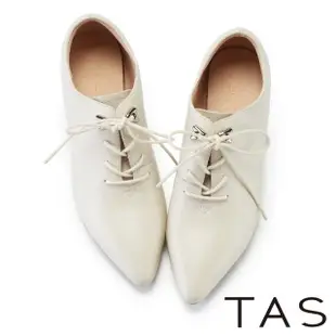 【TAS】羊皮綁帶尖頭粗高跟德比踝靴(米色)