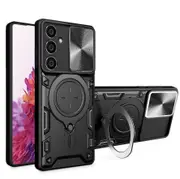 case For Samsung S23 Fe Slide Camera Lens Protection and Built in 360 Rotatable Ring Holder - Black