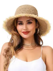 Womens Sun Hat Floppy Packable Wide Brim UV Protection UPF 50+ Straw Hat with...