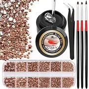 Nail Art 1PC 8ml Wipe-Off Rhinestone Glue Gel Adhesive + 1 Box 2-5mm Flat Back Round Glass Rose Gold Rhinestones + 3PCS Glue Brush + 1PC Tweezer