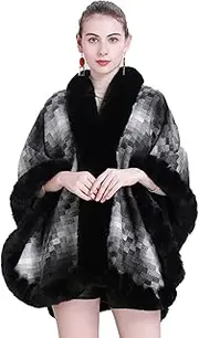 [Generic] Women Scarf Shawl Plaid Padded Thickened Faux Fur Cape Jacket Oversize Cardigans Blanket for Autumn Winter Wedding