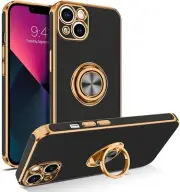 For iPhone 14 13 12 11 6.1" Shockproof Rugged Case Cover Golden Ring Stand Black