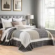 FineStichery Oversized Quilt Bedspread 128"x120", 100% Cotton Patchwork Cal King Bedspreads Coverlet Set with Pillow Shams, Lightweight Quilted Farmhouse Bedding Cover, Brown/Beige/Gray