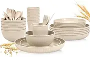 OAMCEG Wheat Straw Dinnerware Sets 30 Pcs, Plastic Dinnerware Set for Kitchen & Camping, Wheatstraw Plates and Bowls for 6, Beige(Includes 2 Size Plates, Bowls, Cups & Cutlery）