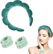 Green Spa Headband for Facial Cleansing & Skincare Routines | Makeup Headband with Wristbands | for Women's Beauty Regimen | Stylish & Functional Accessory |Soft & Comfortable Design