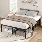 ADVWIN Queen Size Bed Frame with Charging Station, Metal Platform Bed Frame with Heavy Duty Steel Slats, 38cm Storage Space,Black