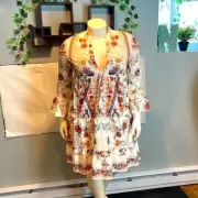 Cupshe Tiered Tunic Long Sleeve Feather Floral Tunic Peacock Dress Size Large