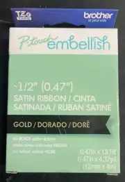 Brother P-touch Embellish Tape for Label Maker 1/2" Gold on Black Satin Ribbon