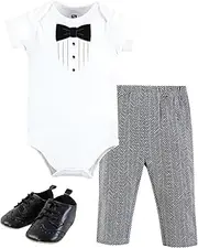 [HUDSON BABY] Unisex Baby Cotton Bodysuit, Pant and Shoe Set, Tweed Tux, 0-3 Months, Tweed Tux