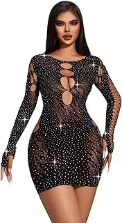 [YIINHEY] Women Sexy Fishnet Lingerie Mesh Bodysuit One Piece Long Sleeve Rhinestone Babydoll Chemise Mini Dress Nightclub Outfit, Black