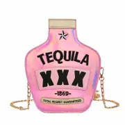 Nevenka Tequila Bottle Shaped Laser Shoulder Handbags PU Crossbody Purse for Women-Pink