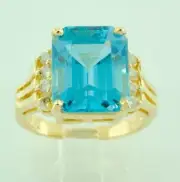 7.95ct 14k Solid Yellow Gold Ladies Emerald Cut Blue Topaz Diamond Ring Cocktail