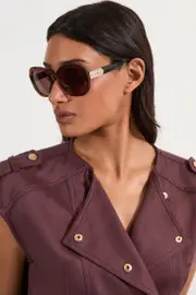 Brown Patterned Hexagonal Gold Detail Sunglasses